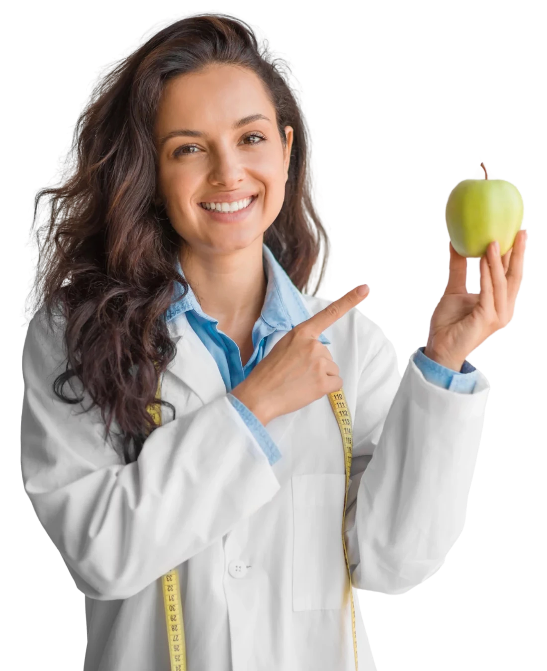 Nutricionista Aline Santos segurando uma maçã verde e sorrindo